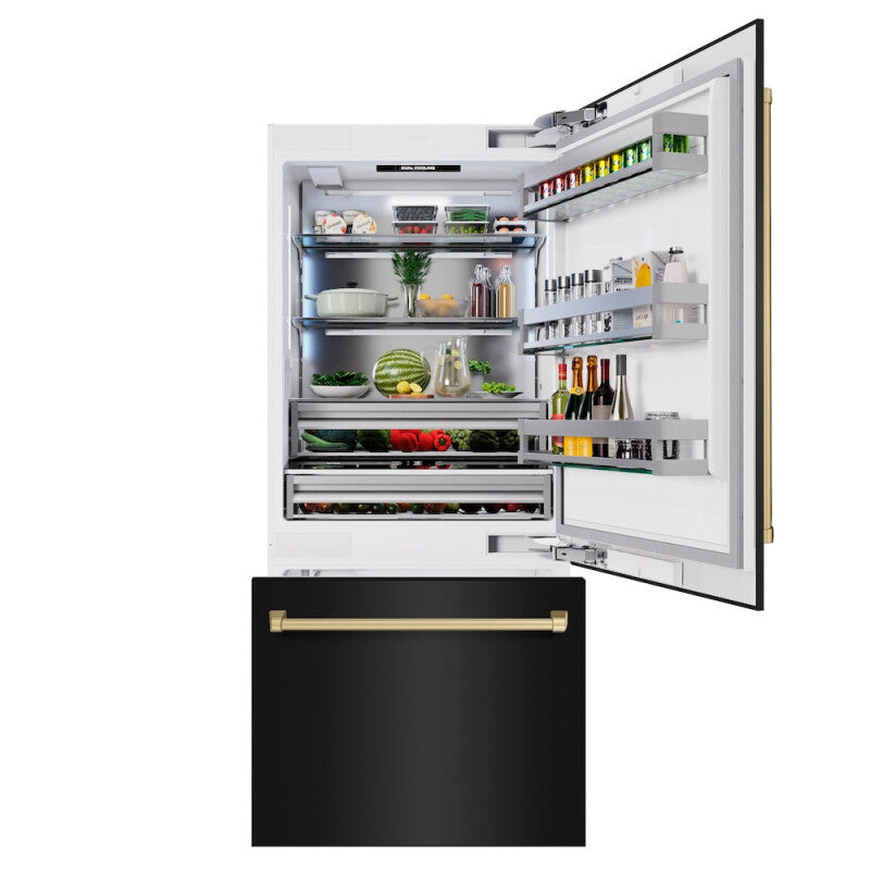 ZLINE Autograph Edition 36 in. 19.8 cu. ft. Built-In Bottom Freezer Refrigerator with Water Dispenser and Ice Maker in Black Stainless Steel and Champagne Bronze Accents (RBITZ-BS-36-CB) - (RBITZBS36CB) -