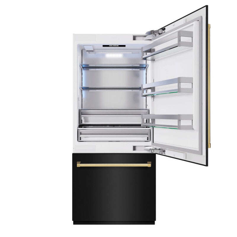 ZLINE Autograph Edition 36 in. 19.8 cu. ft. Built-In Bottom Freezer Refrigerator with Water Dispenser and Ice Maker in Black Stainless Steel and Polished Gold Accents (RBITZ-BS-36-G) - (RBITZBS36G) -