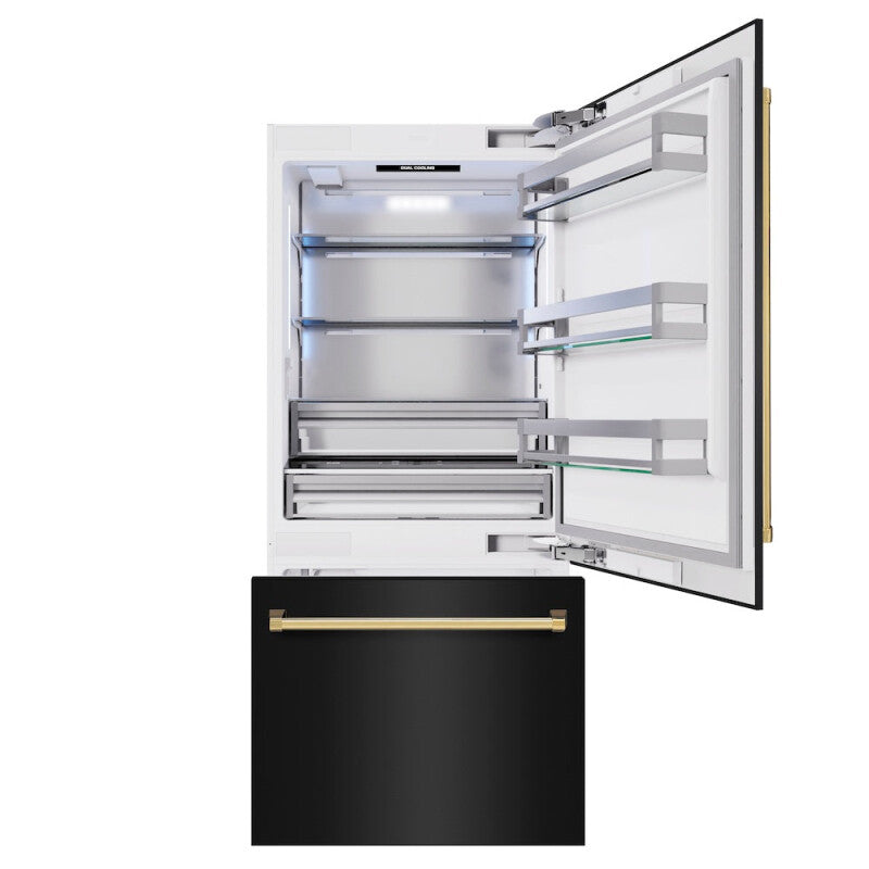 ZLINE Autograph Edition 36 in. 19.8 cu. ft. Built-In Bottom Freezer Refrigerator with Water Dispenser and Ice Maker in Black Stainless Steel and Polished Gold Accents (RBITZ-BS-36-G) - (RBITZBS36G) -