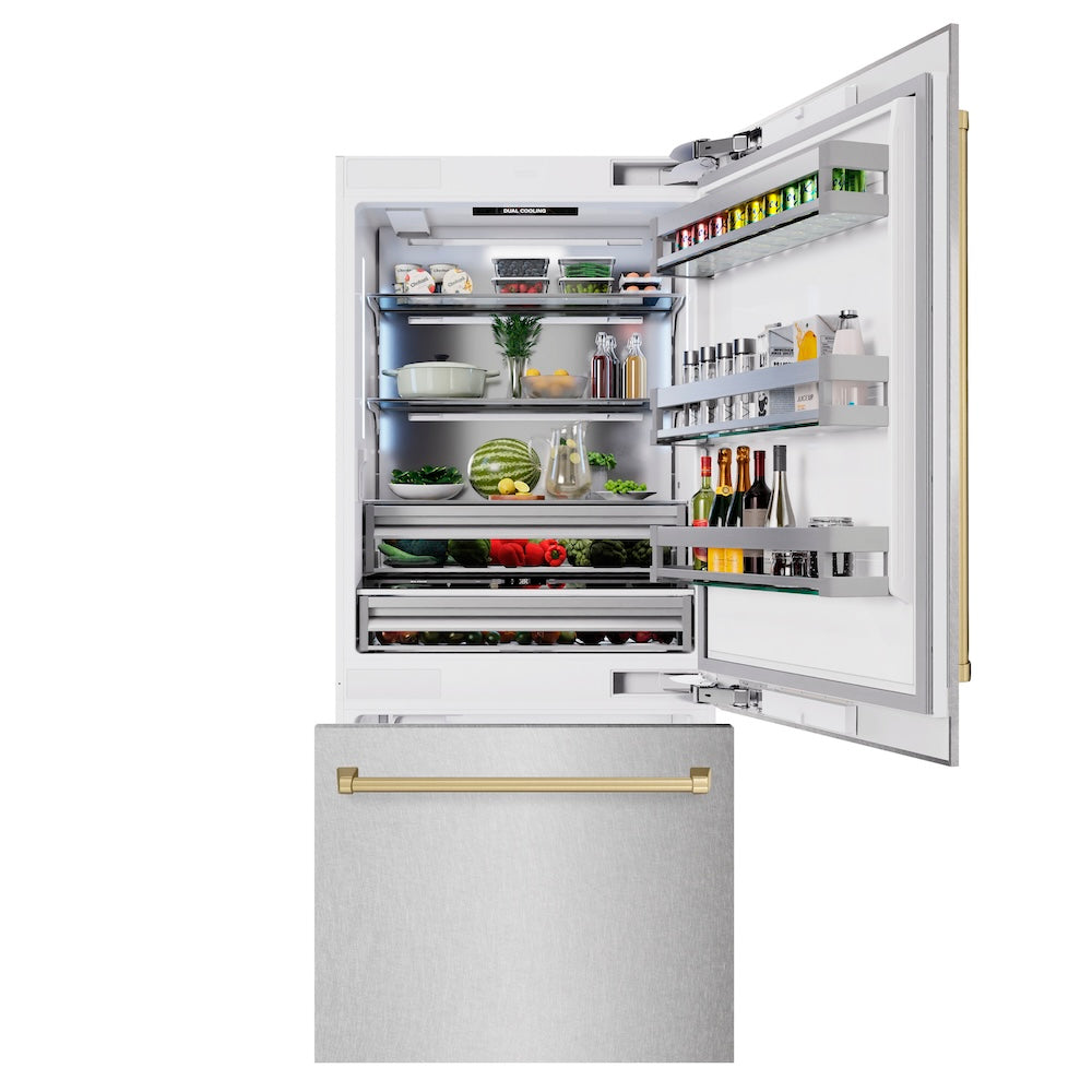 ZLINE Autograph Edition 36 in. 19.8 cu. ft. Built-In Bottom Freezer Refrigerator with Water Dispenser and Ice Maker in DuraSnow® Stainless Steel and Champagne Bronze Accents (RBITZ-SN-36-CB) - (RBITZSN36CB) -