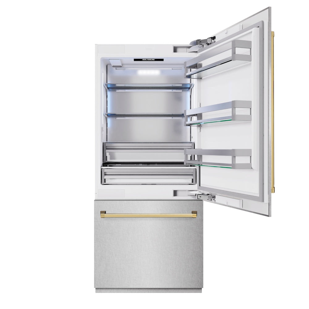 ZLINE Autograph Edition 36 in. 19.8 cu. ft. Built-In Bottom Freezer Refrigerator with Water Dispenser and Ice Maker in DuraSnow® Stainless Steel and Polished Gold Accents (RBITZ-SN-36-G) - (RBITZSN36G) -