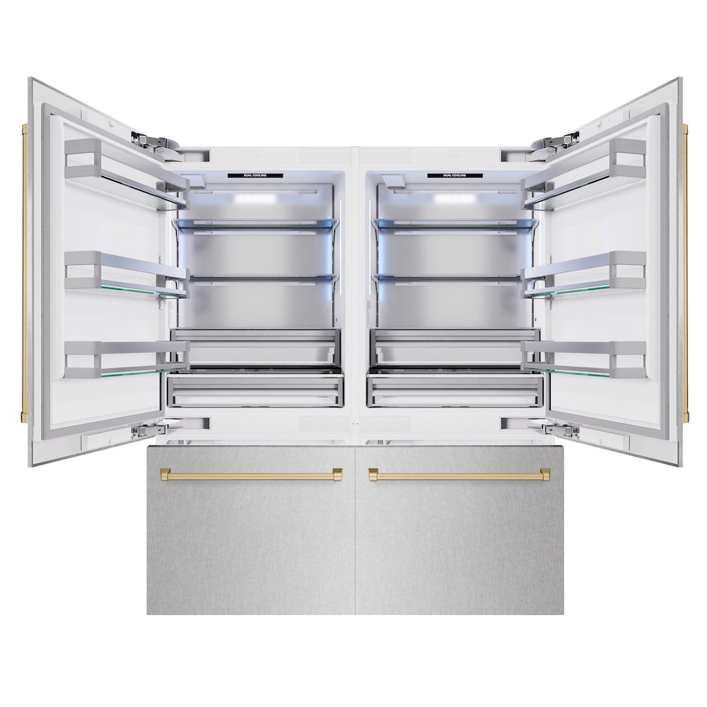 ZLINE Autograph Edition 72 in. 39.6 cu. ft. French Door Built-In Bottom Freezer Refrigerator with Water Dispensers and Ice Makers in DuraSnow® Stainless Steel and Champagne Bronze Accents (RBITZ-SN-72-CB) - (RBITZSN72CB) -