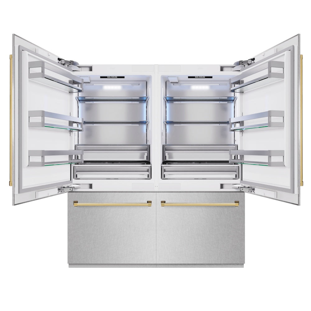 ZLINE Autograph Edition 72 in. 39.6 cu. ft. French Door Built-In Bottom Freezer Refrigerator with Water Dispensers and Ice Makers in DuraSnow® Stainless Steel and Polished Gold Accents (RBITZ-SN-72-G) - (RBITZSN72G) -