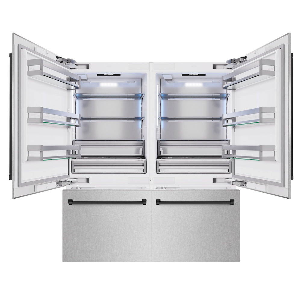 ZLINE Autograph Edition 72 in. 39.6 cu. ft. French Door Built-In Bottom Freezer Refrigerator with Water Dispensers and Ice Makers in DuraSnow® Stainless Steel and Matte Black Accents (RBITZ-SN-72-MB) - (RBITZSN72MB) -