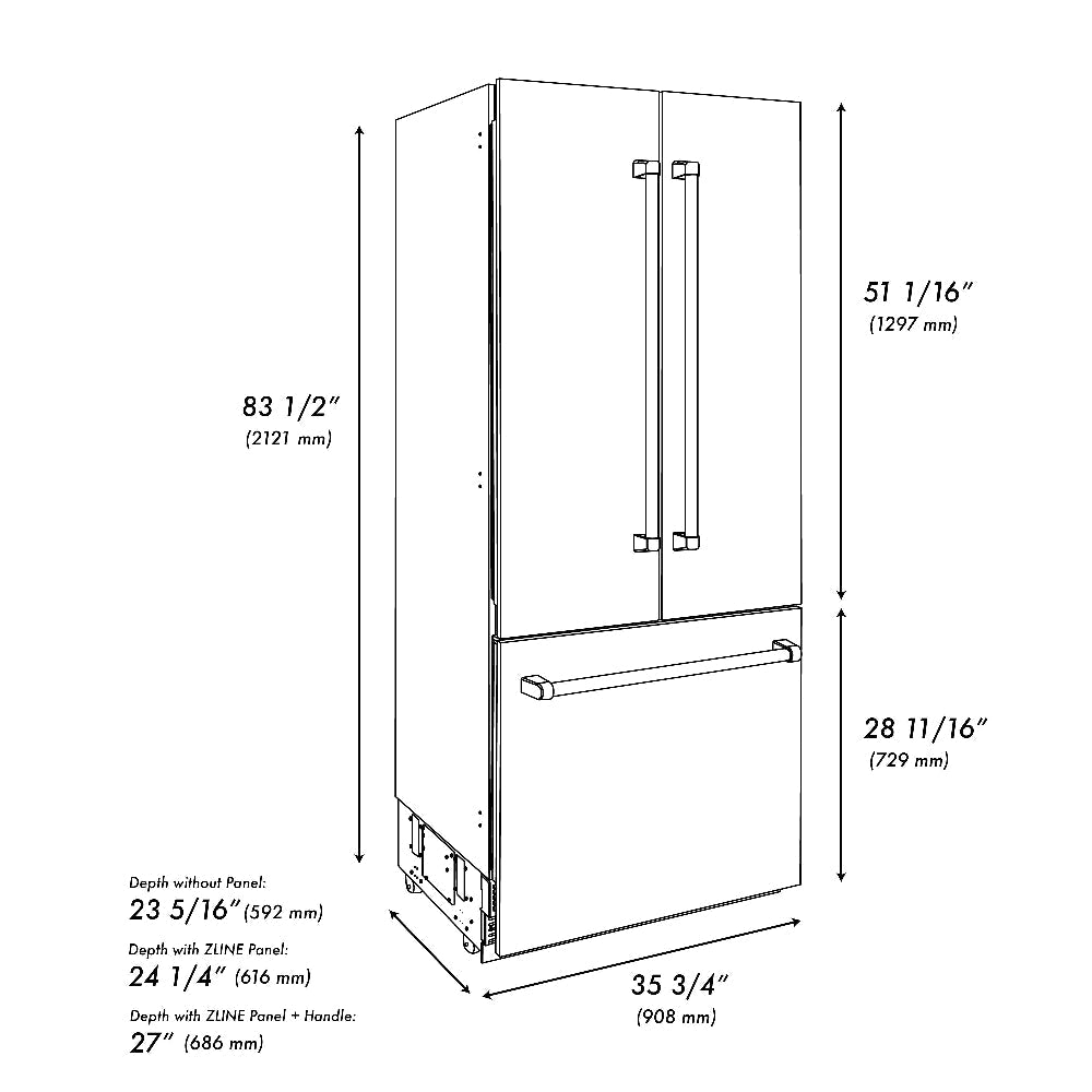 36"19.6 cu. ft. Built-In 3-Door French Door Refrigerator with Internal Water and Ice Dispenser in Fingerprint Resistant Stainless Steel - (RBIVSN36) -