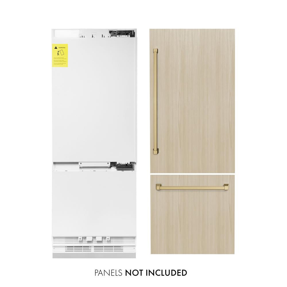 ZLINE Autograph Edition 30 in. 16.1 cu. ft. Panel Ready Built-In Bottom Freezer Refrigerator with Water Dispenser and Ice Maker with Champagne Bronze Accents (RBIVZ-30-CB) - (RBIVZ30CB) -