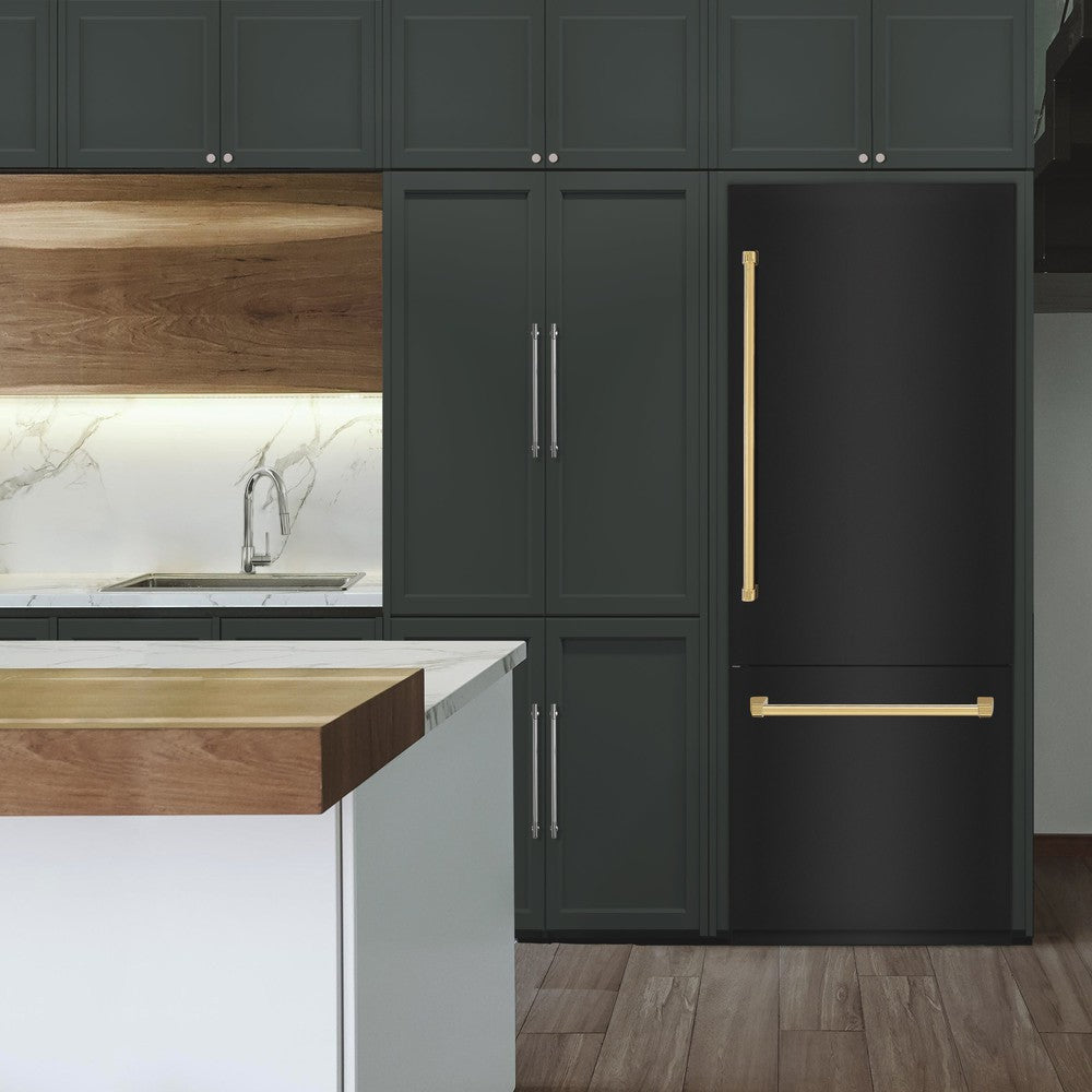 30”Autograph Edition 16.1 cu. ft. Built-in 2-Door Bottom Freezer Refrigerator with Internal Water and Ice Dispenser in Black Stainless Steel with Polished Gold Accents - (RBIVZBS30G) -