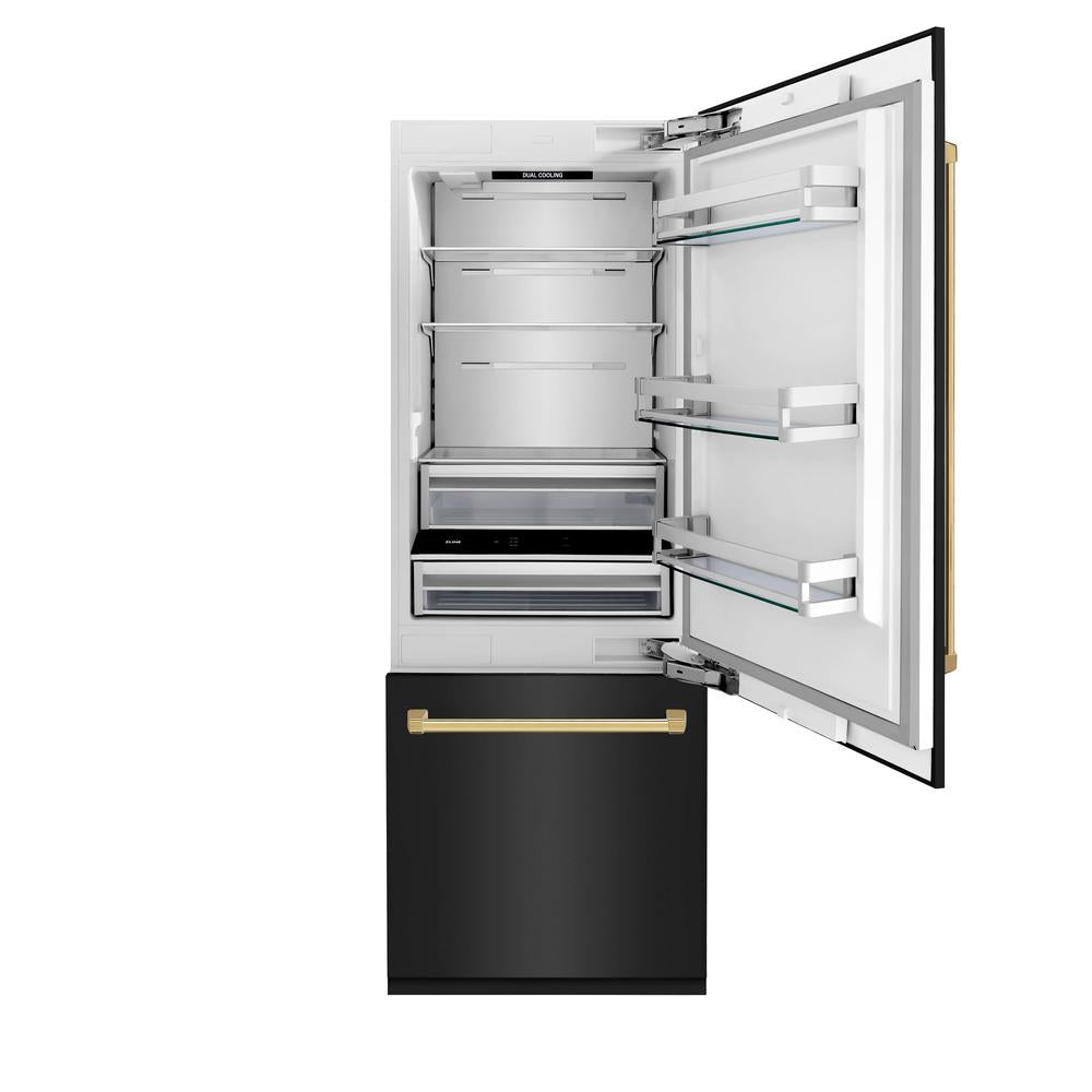 30”Autograph Edition 16.1 cu. ft. Built-in 2-Door Bottom Freezer Refrigerator with Internal Water and Ice Dispenser in Black Stainless Steel with Polished Gold Accents - (RBIVZBS30G) -