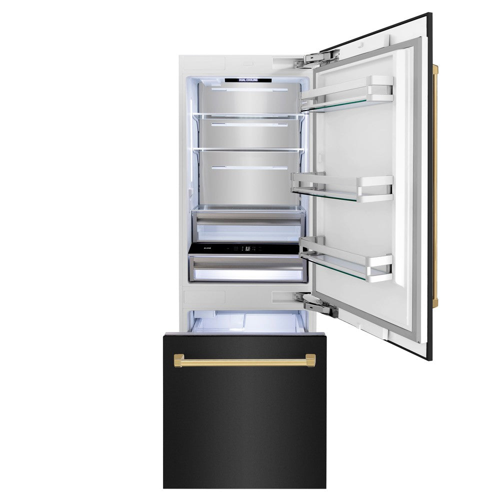30”Autograph Edition 16.1 cu. ft. Built-in 2-Door Bottom Freezer Refrigerator with Internal Water and Ice Dispenser in Black Stainless Steel with Polished Gold Accents - (RBIVZBS30G) -