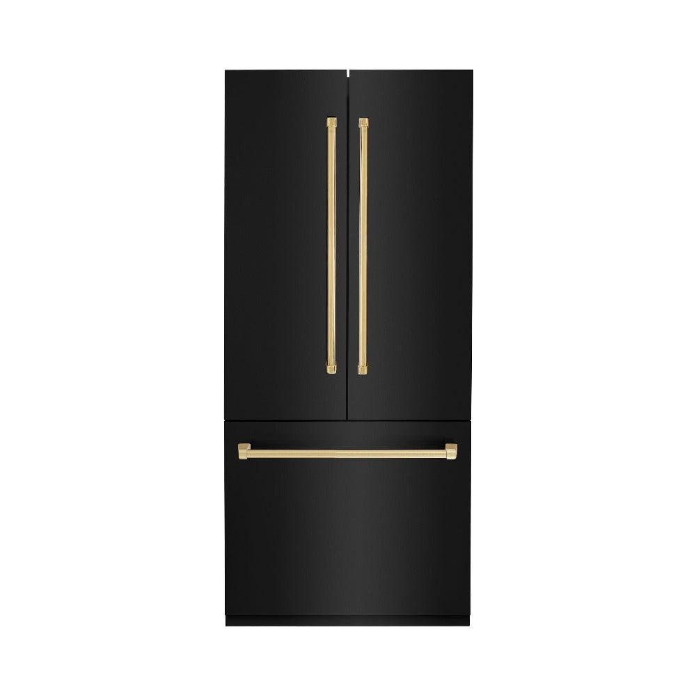36”Autograph Edition 19.6 cu. ft. Built-in 3-DoorFrench Door Refrigerator with Internal Water and Ice Dispenser in Black Stainless Steel with Polished Gold Accents - (RBIVZBS36G) -