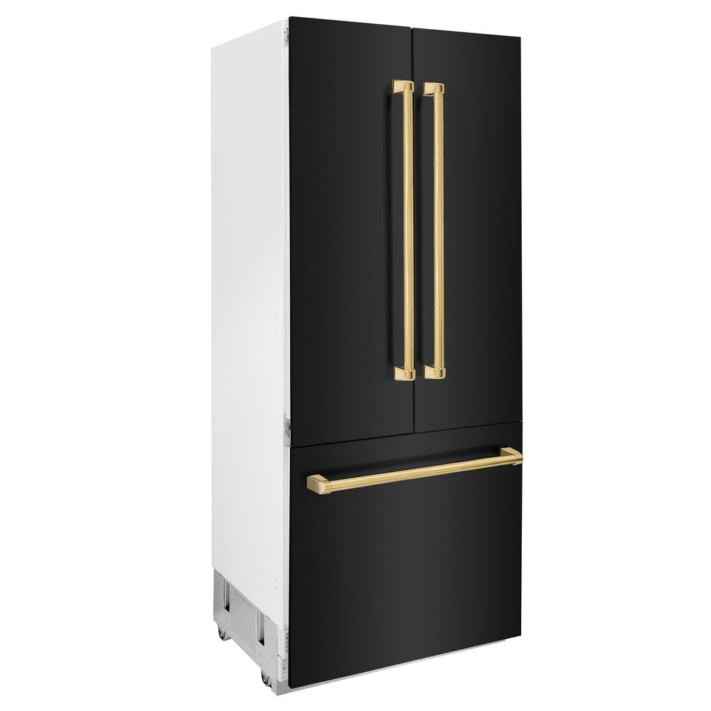 36”Autograph Edition 19.6 cu. ft. Built-in 3-DoorFrench Door Refrigerator with Internal Water and Ice Dispenser in Black Stainless Steel with Polished Gold Accents - (RBIVZBS36G) -