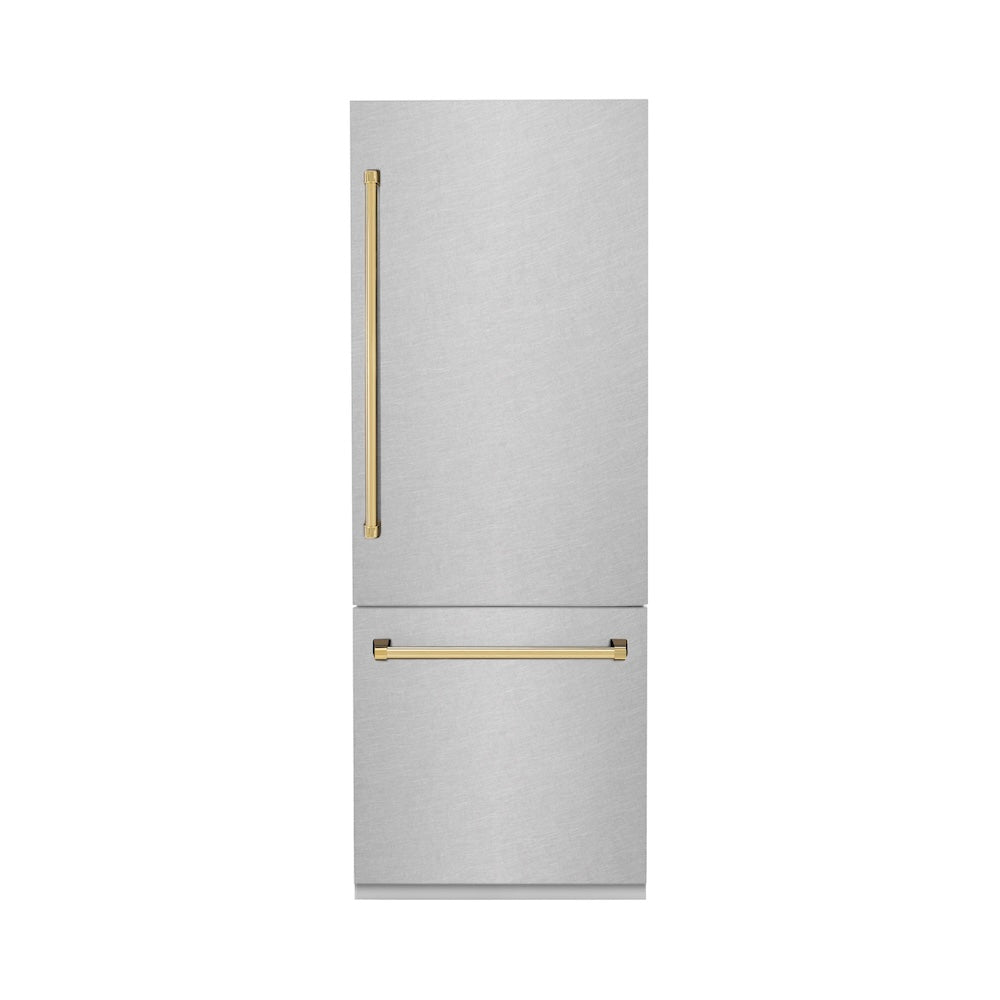 30”Autograph Edition 16.1 cu. ft. Built-in 2-Door Bottom Freezer Refrigerator with Internal Water and Ice Dispenser in Fingerprint Resistant Stainless Steel with Polished Gold Accents - (RBIVZSN30G) -