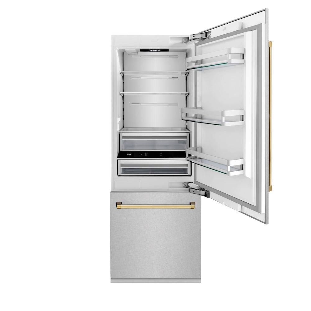30”Autograph Edition 16.1 cu. ft. Built-in 2-Door Bottom Freezer Refrigerator with Internal Water and Ice Dispenser in Fingerprint Resistant Stainless Steel with Polished Gold Accents - (RBIVZSN30G) -