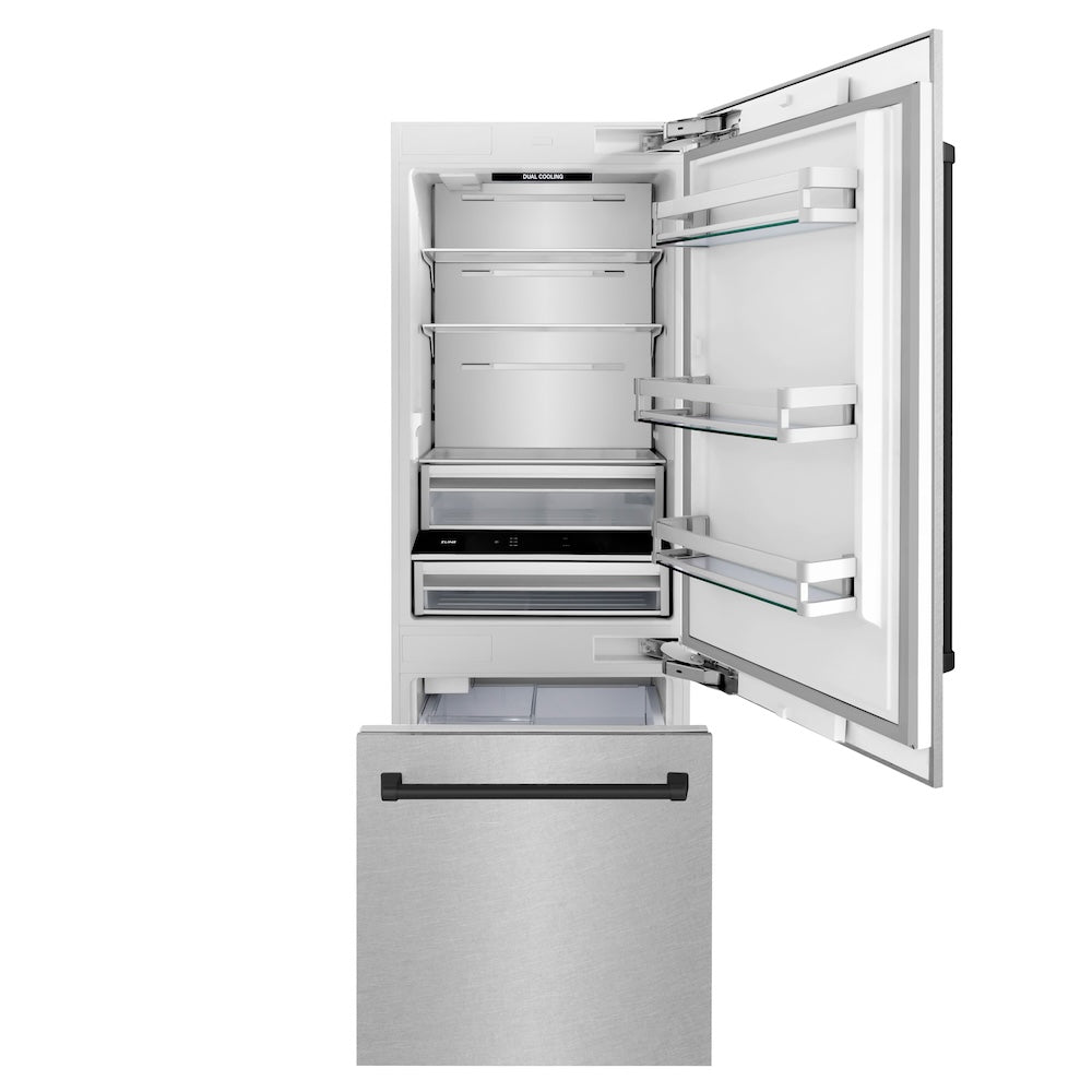 30”Autograph Edition 16.1 cu. ft. Built-in 2-Door Bottom Freezer Refrigerator with Internal Water and Ice Dispenser in Fingerprint Resistant Stainless Steel with Matte Black Accents - (RBIVZSN30MB) -