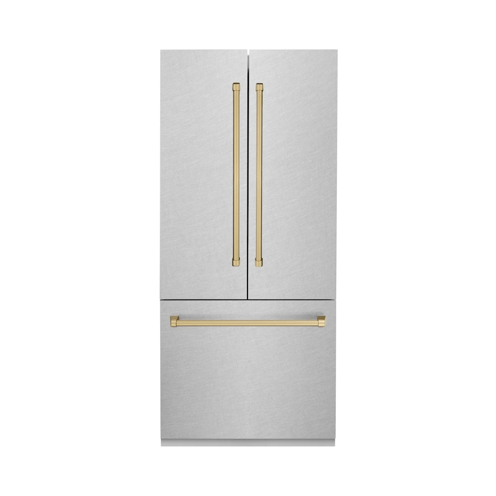 36”Autograph Edition 19.6 cu. ft. Built-in 3-Door French Door Refrigerator with Internal Water and Ice Dispenser in Fingerprint Resistant Stainless Steel with Champagne Bronze Accents - (RBIVZSN36CB) -