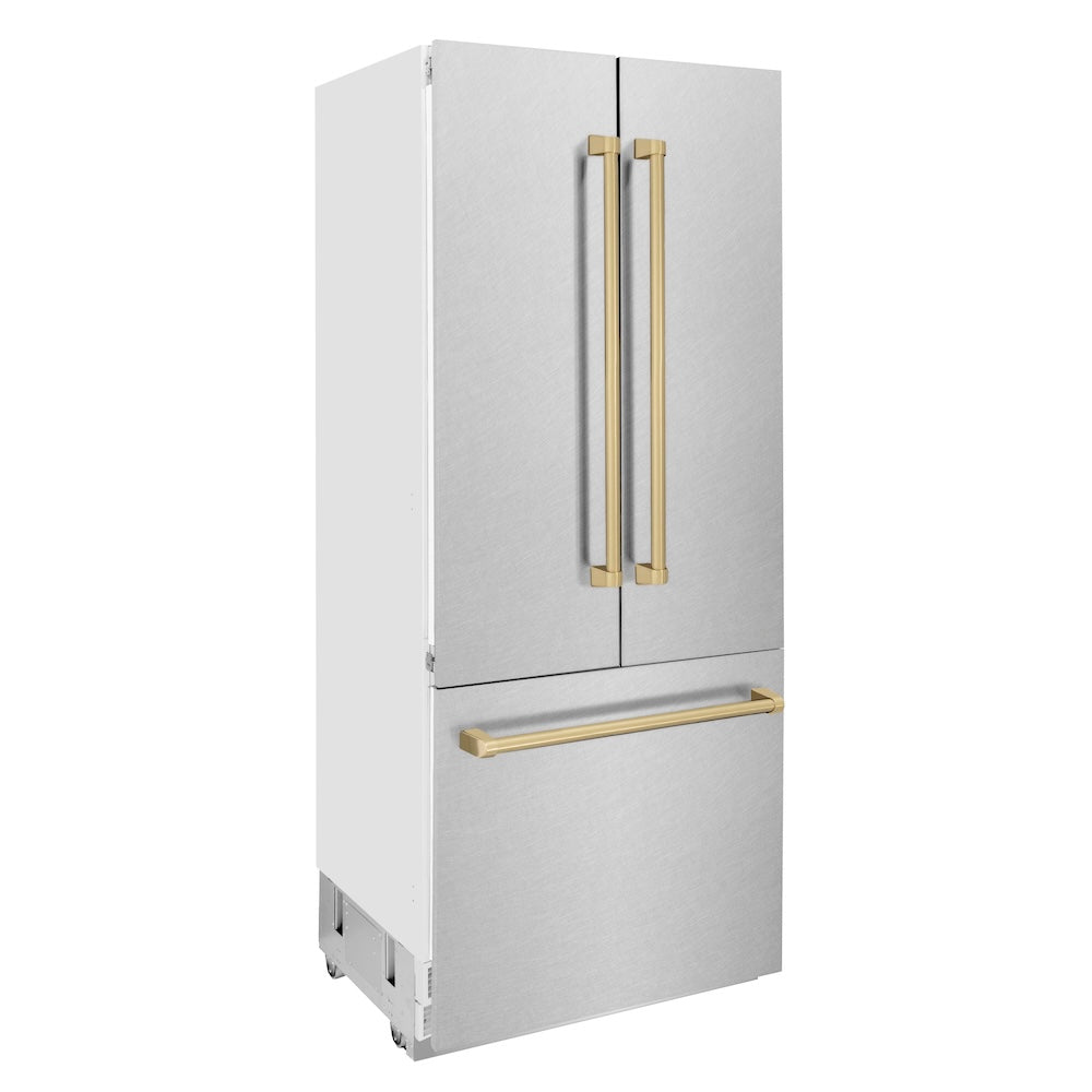 36”Autograph Edition 19.6 cu. ft. Built-in 3-Door French Door Refrigerator with Internal Water and Ice Dispenser in Fingerprint Resistant Stainless Steel with Champagne Bronze Accents - (RBIVZSN36CB) -