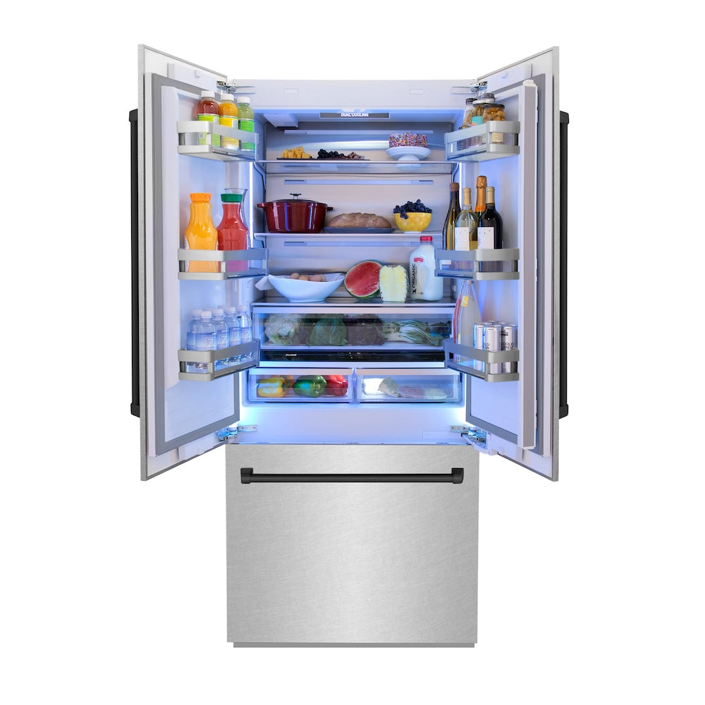 36”Autograph Edition 19.6 cu. ft. Built-in 3-Door French Door Refrigerator with Internal Water and Ice Dispenser in Fingerprint Resistant Stainless Steel with Matte Black Accents - (RBIVZSN36MB) -
