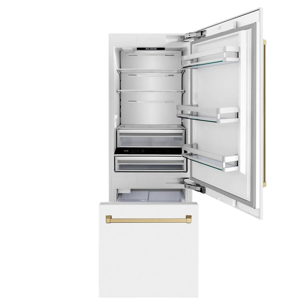 30”Autograph Edition 16.1 cu. ft. Built-in 2-Door Bottom Freezer Refrigerator with Internal Water and Ice Dispenser in White Matte with Champagne Bronze Accents - (RBIVZWM30CB) -