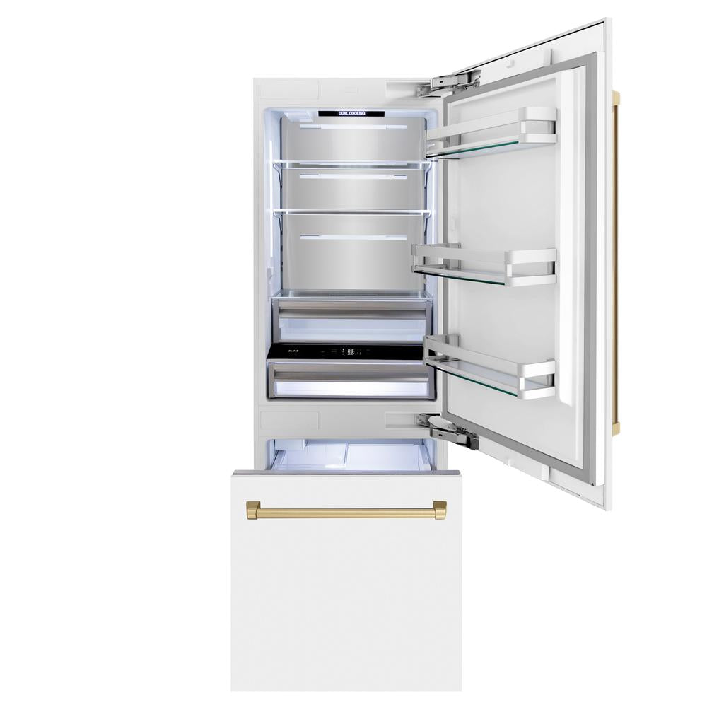 30”Autograph Edition 16.1 cu. ft. Built-in 2-Door Bottom Freezer Refrigerator with Internal Water and Ice Dispenser in White Matte with Champagne Bronze Accents - (RBIVZWM30CB) -