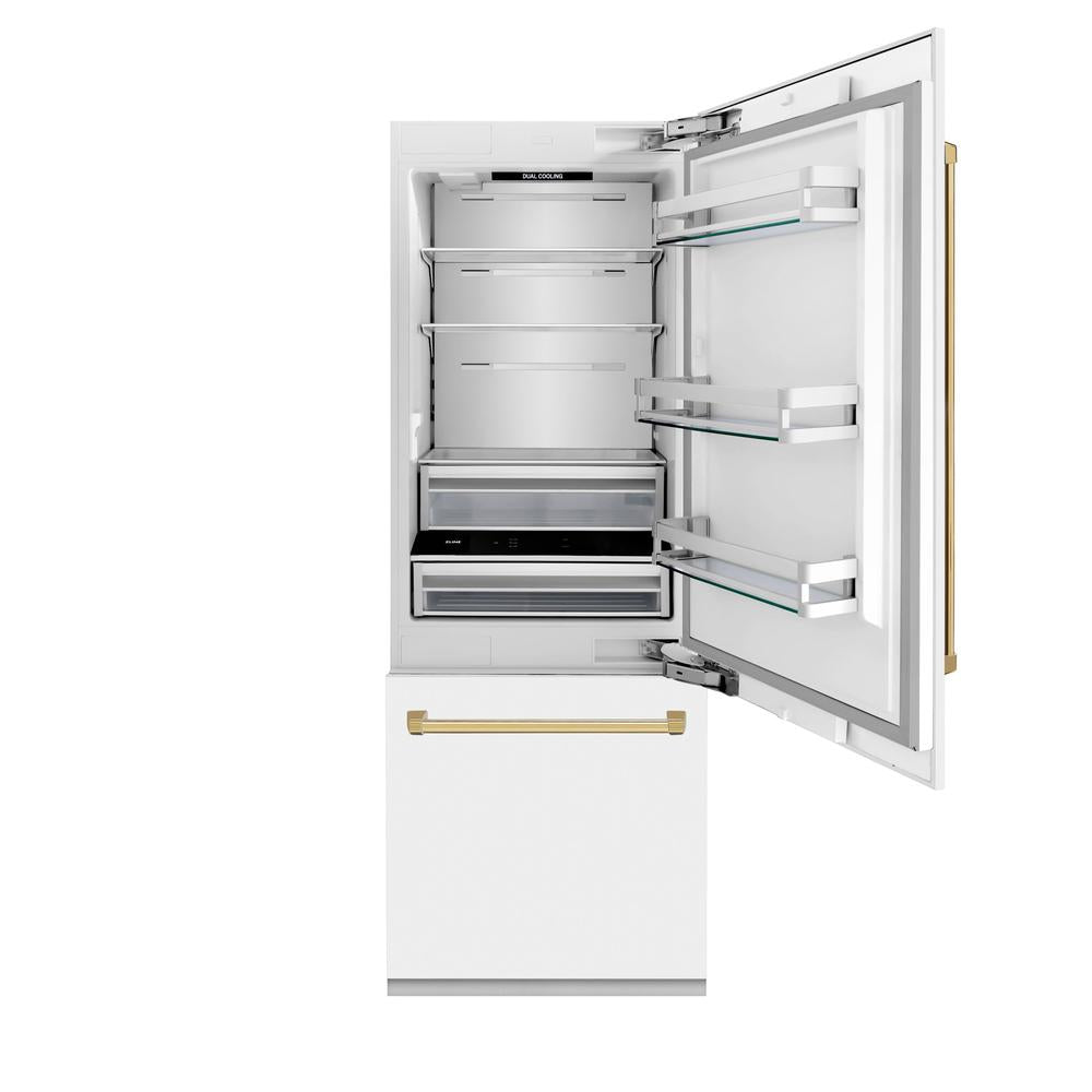 30”Autograph Edition 16.1 cu. ft. Built-in 2-Door Bottom Freezer Refrigerator with Internal Water and Ice Dispenser in White Matte with Polished Gold Accents - (RBIVZWM30G) -