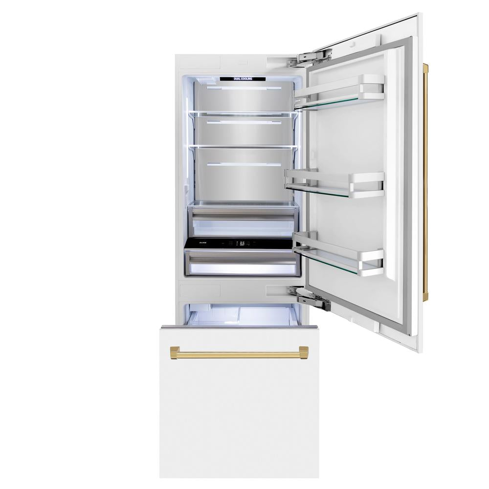 30”Autograph Edition 16.1 cu. ft. Built-in 2-Door Bottom Freezer Refrigerator with Internal Water and Ice Dispenser in White Matte with Polished Gold Accents - (RBIVZWM30G) -
