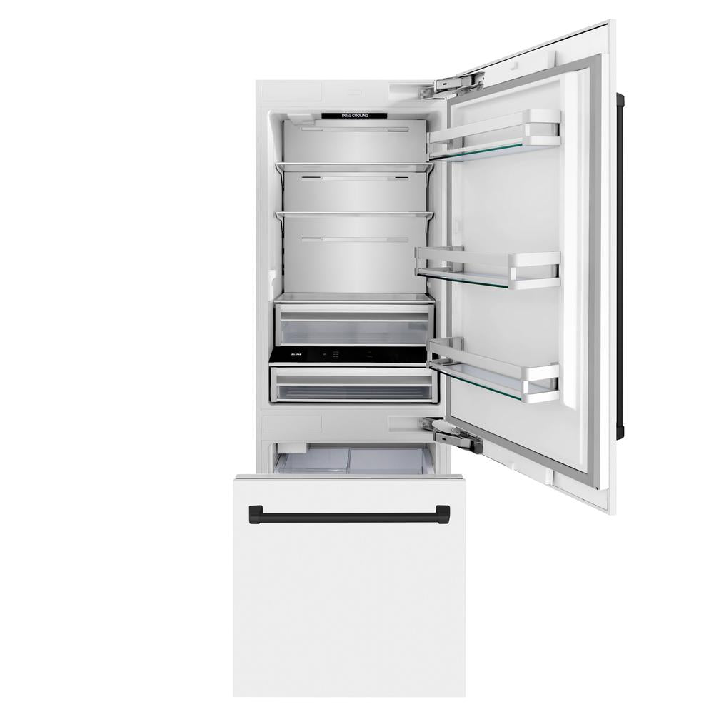 30”Autograph Edition 16.1 cu. ft. Built-in 2-Door Bottom Freezer Refrigerator with Internal Water and Ice Dispenser in White Matte with Matte Black Accents - (RBIVZWM30MB) -