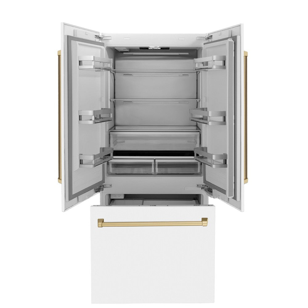 36”Autograph Edition 19.6 cu. ft. Built-in 3-Door French Door Refrigerator with Internal Water and Ice Dispenser in White Matte with Champagne Bronze Accents - (RBIVZWM36CB) -
