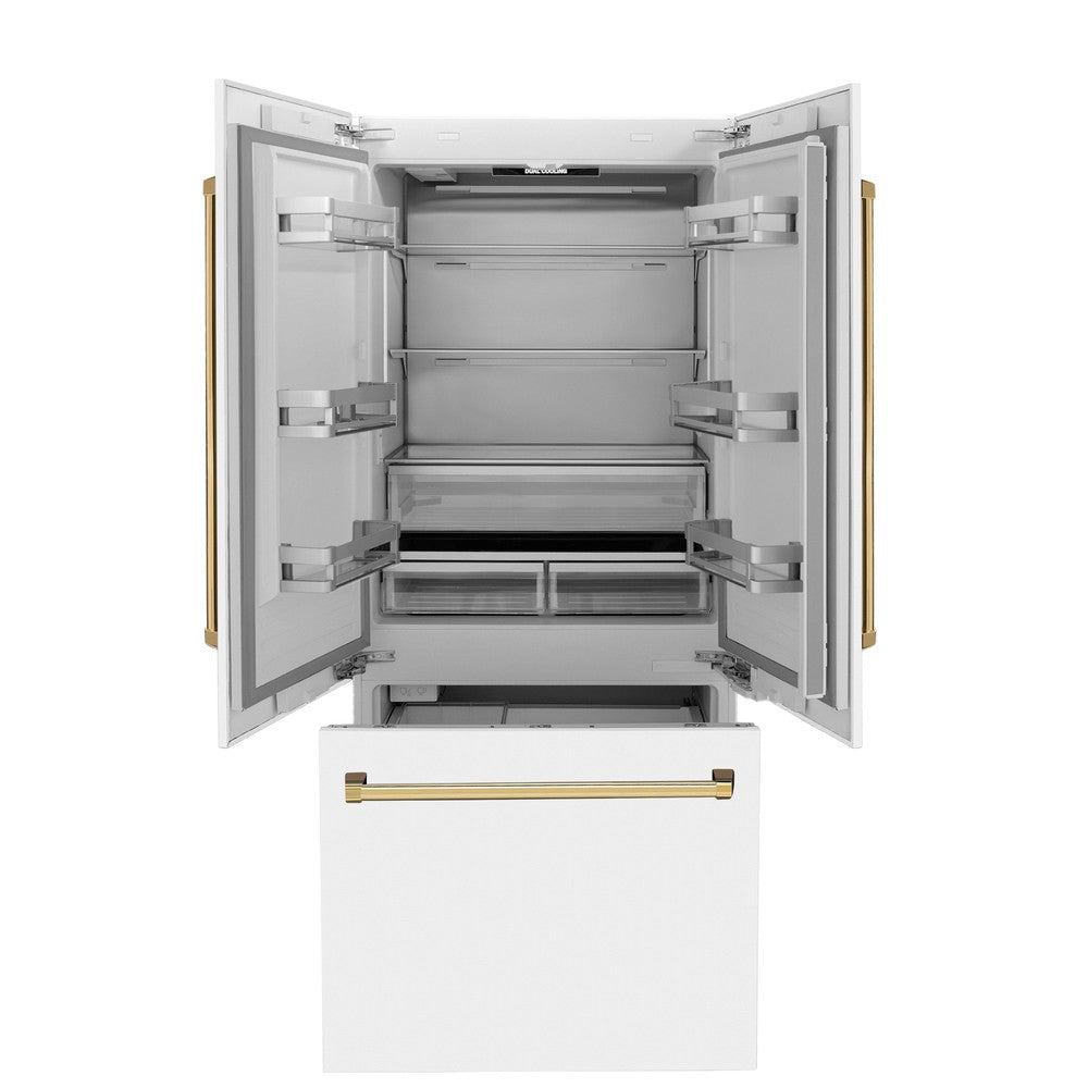36”Autograph Edition 19.6 cu. ft. Built-in 3-Door French Door Refrigerator with Internal Water and Ice Dispenser in White Matte with Polished Gold Accents - (RBIVZWM36G) -
