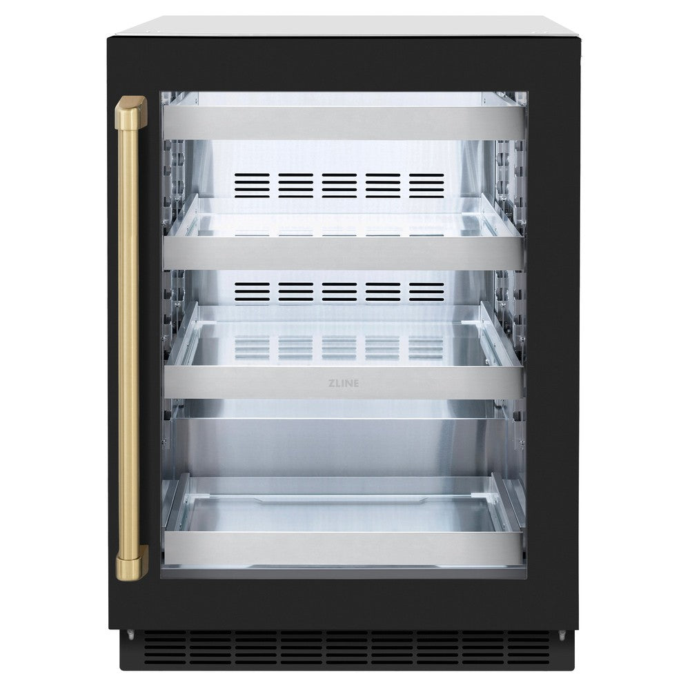ZLINE Autograph Edition 24 in. Touchstone 151 Can Beverage Fridge With Black Matte Glass Door And Champagne Bronze Handle (RBSOZ-BLM-24-CB) - (RBSOZBLM24CB) -