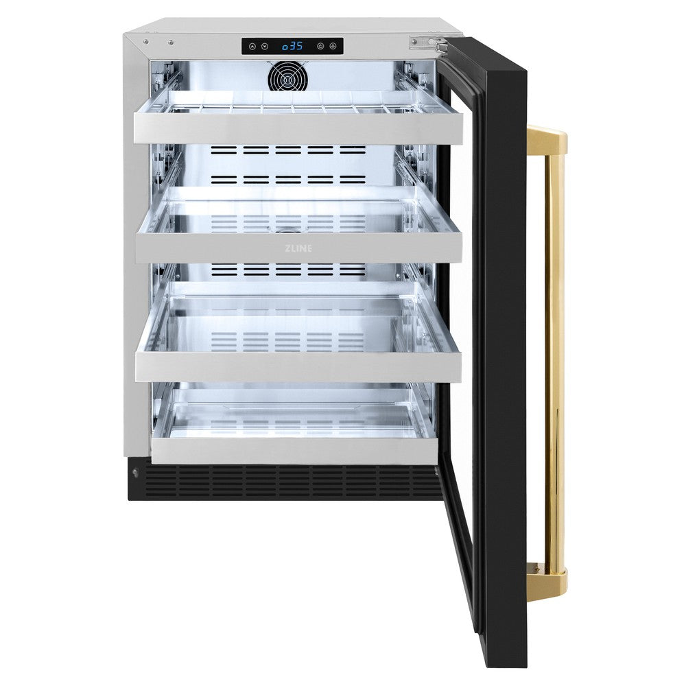 ZLINE Autograph Edition 24 in. Touchstone 151 Can Beverage Fridge With Black Matte Glass Door And Polished Gold Handle (RBSOZ-BLM-24-G) - (RBSOZBLM24G) -