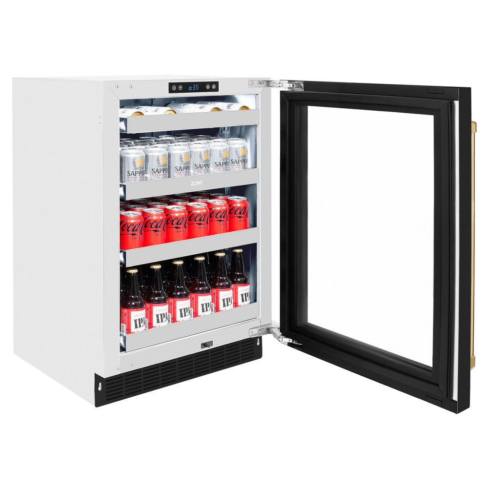 ZLINE Autograph Edition 24 in. Touchstone 151 Can Beverage Fridge With Black Matte Glass Door And Polished Gold Handle (RBSOZ-BLM-24-G) - (RBSOZBLM24G) -