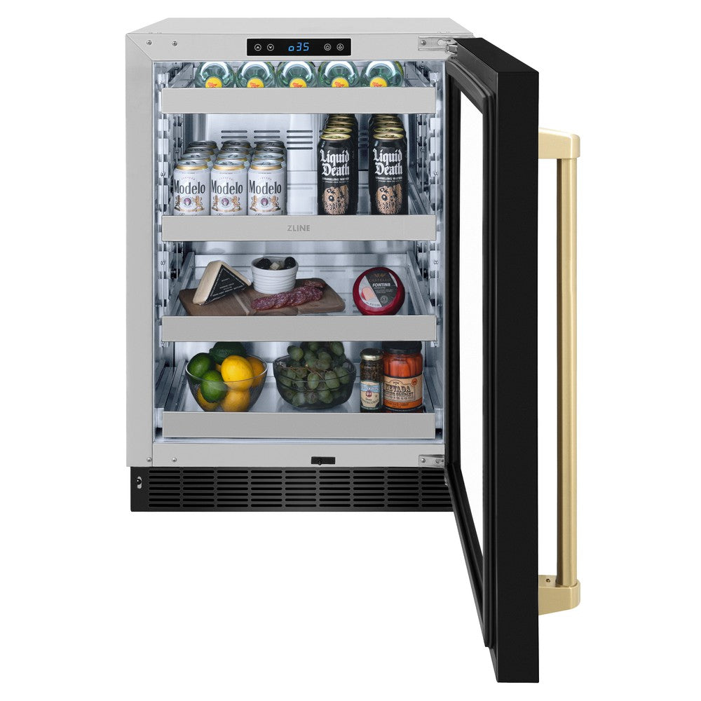 ZLINE Autograph Edition 24 in. Touchstone 151 Can Beverage Fridge With Black Stainless Steel Glass Door And Champagne Bronze Handle (RBSOZ-BS-24-CB) - (RBSOZBS24CB) -