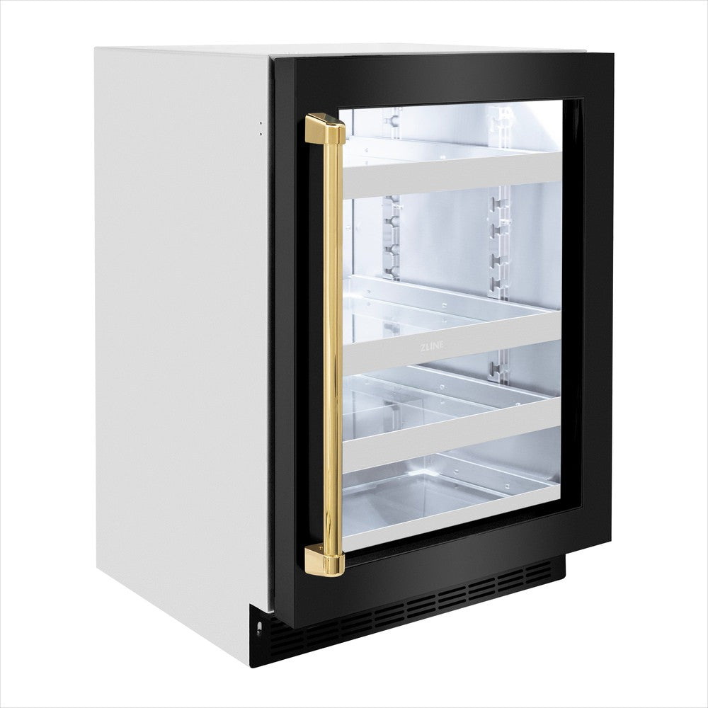 ZLINE Autograph Edition 24 in. Touchstone 151 Can Beverage Fridge With Black Stainless Steel Glass Door And Polished Gold Handle (RBSOZ-BS-24-G) - (RBSOZBS24G) -