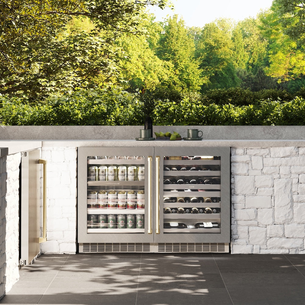 ZLINE Autograph Edition 24 in. Touchstone 151 Can Beverage Fridge With DuraSnow® Stainless Steel Glass Door And Champagne Bronze Handle (RBSOZ-SN-24-CB) - (RBSOZSN24CB) -