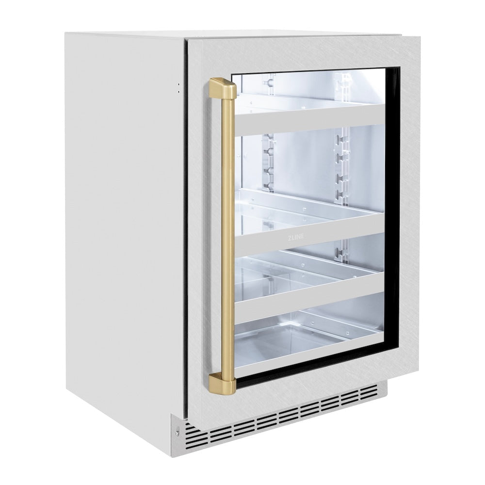 ZLINE Autograph Edition 24 in. Touchstone 151 Can Beverage Fridge With DuraSnow® Stainless Steel Glass Door And Champagne Bronze Handle (RBSOZ-SN-24-CB) - (RBSOZSN24CB) -