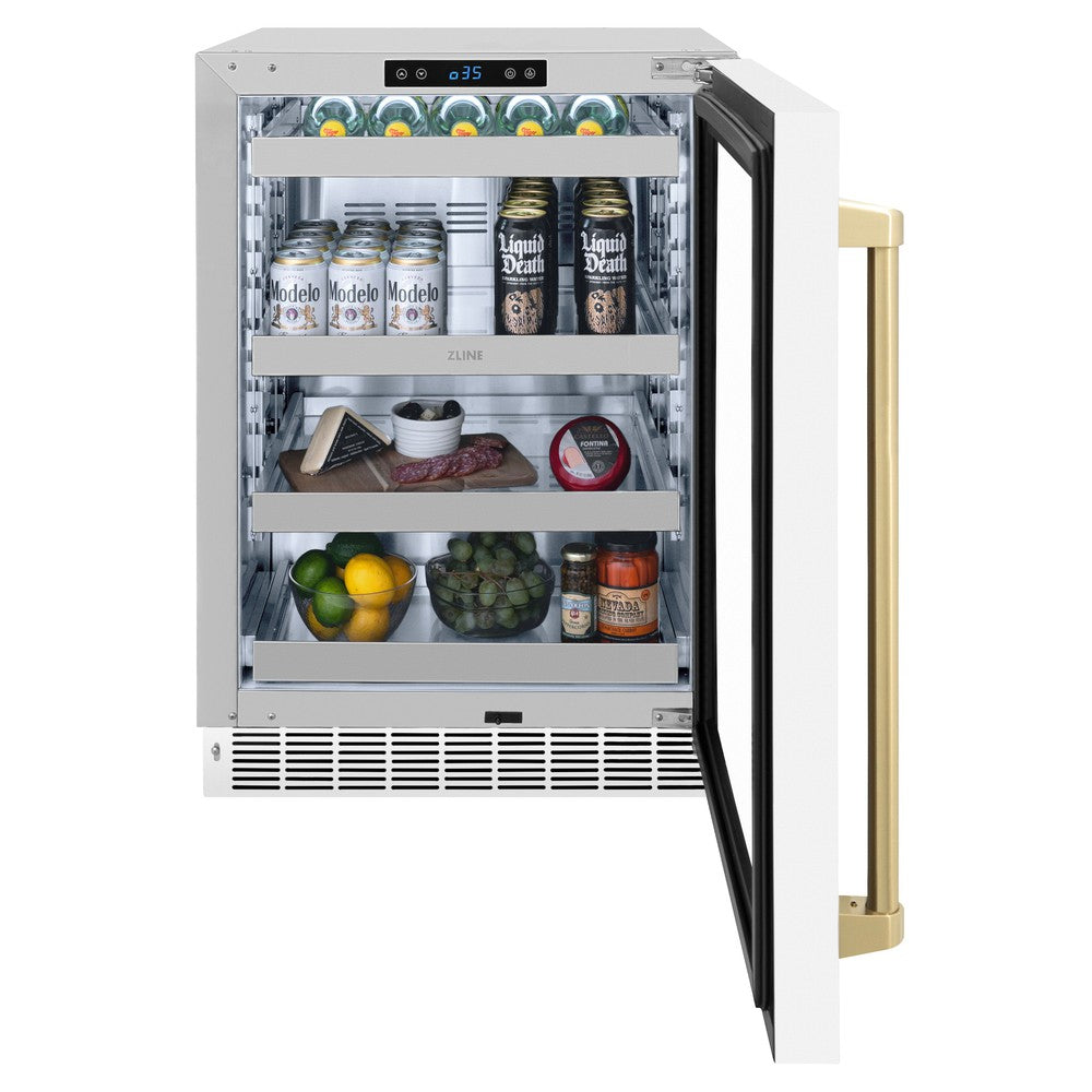 ZLINE Autograph Edition 24 in. Touchstone 151 Can Beverage Fridge With White Matte Glass Door And Champagne Bronze Handle (RBSOZ-WM-24-CB) - (RBSOZWM24CB) -