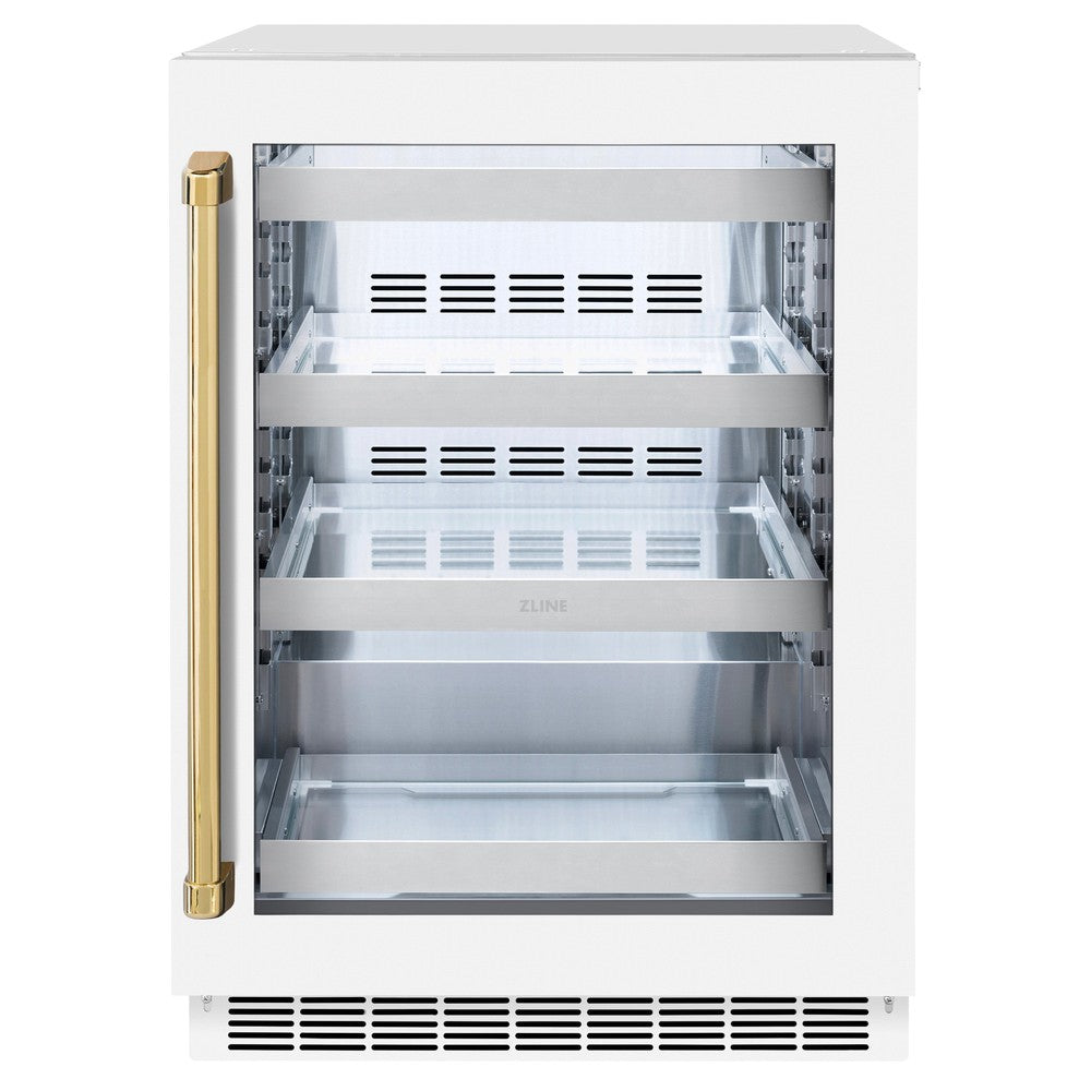 ZLINE Autograph Edition 24 in. Touchstone 151 Can Beverage Fridge With White Matte Glass Door And Polished Gold Handle (RBSOZ-WM-24-G) - (RBSOZWM24G) -