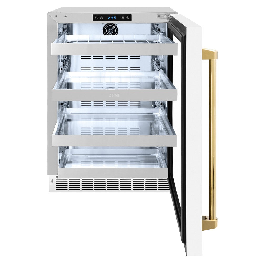 ZLINE Autograph Edition 24 in. Touchstone 151 Can Beverage Fridge With White Matte Glass Door And Polished Gold Handle (RBSOZ-WM-24-G) - (RBSOZWM24G) -