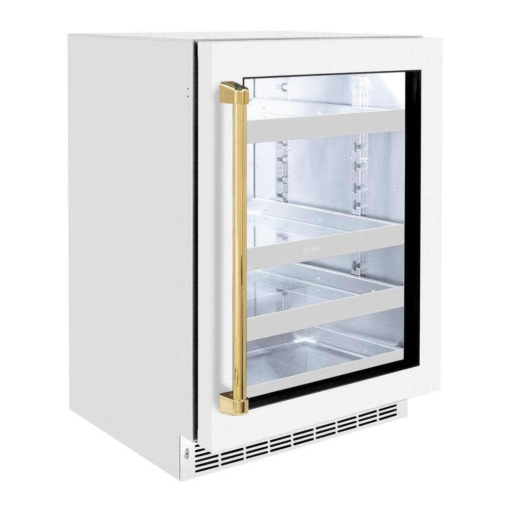 ZLINE Autograph Edition 24 in. Touchstone 151 Can Beverage Fridge With White Matte Glass Door And Polished Gold Handle (RBSOZ-WM-24-G) - (RBSOZWM24G) -
