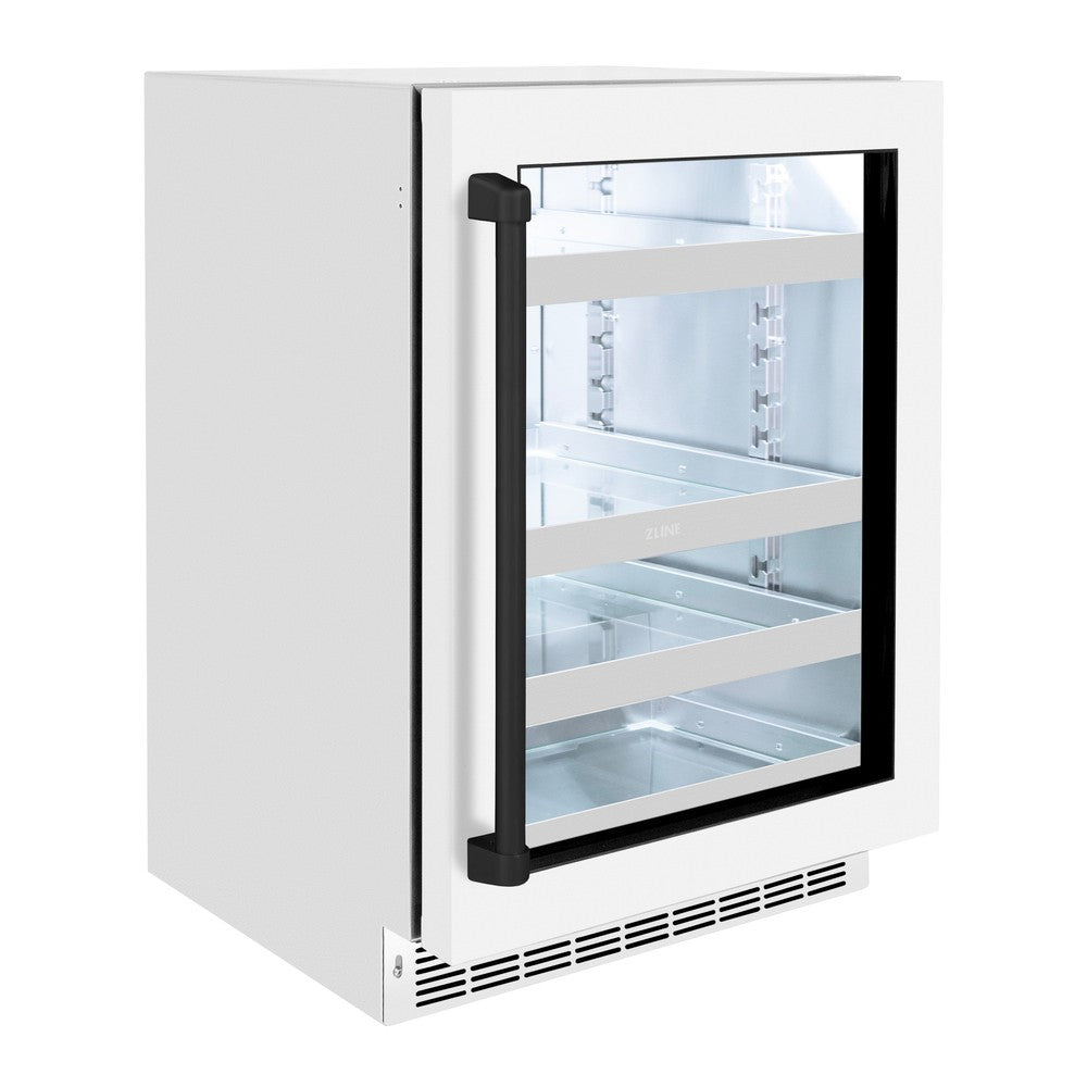 ZLINE Autograph Edition 24 in. Touchstone 151 Can Beverage Fridge With White Matte Glass Door And Matte Black Handle (RBSOZ-WM-24-MB) - (RBSOZWM24MB) -