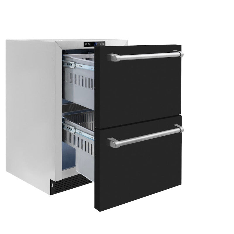 ZLINE 24 in. Touchstone 168 Can Outdoor-Rated Dual Refrigerator Drawer with Black Matte Doors (RDSO-BLM-24) - (RDSOBLM24) -