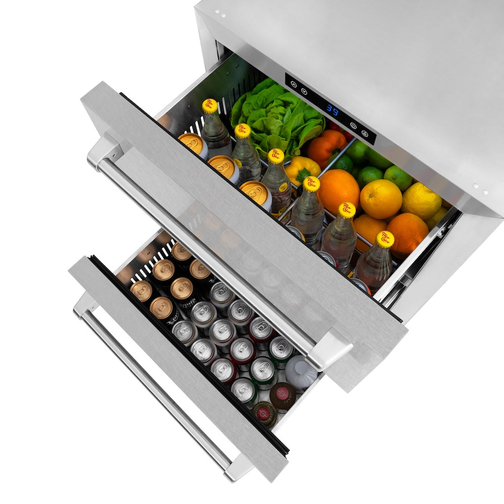ZLINE 24 in. Touchstone 168 Can Outdoor-Rated Dual Refrigerator Drawer with DuraSnow® Stainless Steel Doors (RDSO-SN-24) - (RDSOSN24) -