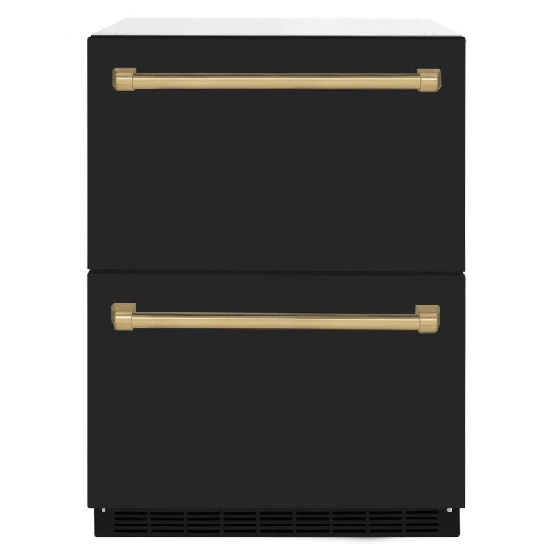 ZLINE Autograph Edition 24 in. Touchstone 168 Can Outdoor-Rated Dual Refrigerator Drawer with Black Matte Doors and Champagne Bronze Handles (RDSOZ-BLM-24-CB) - (RDSOZBLM24CB) -