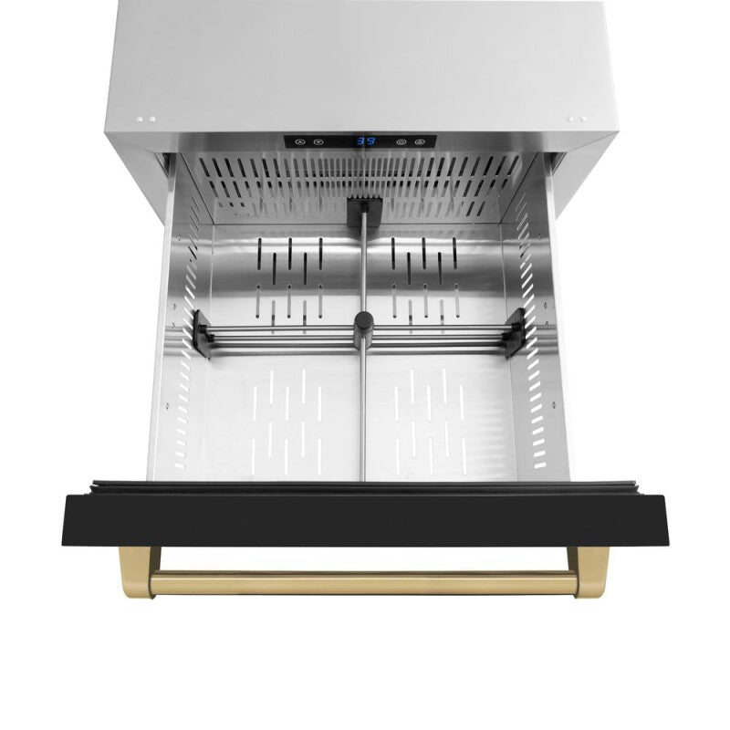 ZLINE Autograph Edition 24 in. Touchstone 168 Can Outdoor-Rated Dual Refrigerator Drawer with Black Matte Doors and Champagne Bronze Handles (RDSOZ-BLM-24-CB) - (RDSOZBLM24CB) -