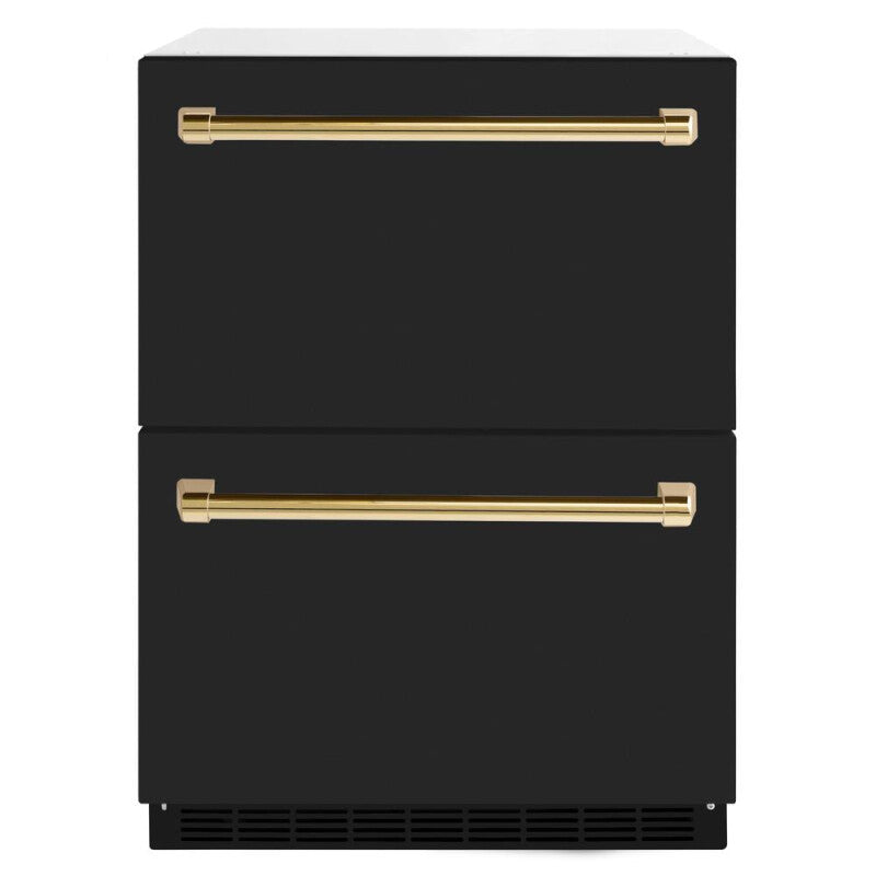 Autograph Edition 24 in. Touchstone 168 Can Outdoor-Rated Dual Refrigerator Drawer with Black Matte Doors and Polished Gold Handles - (RDSOZBLM24G) -