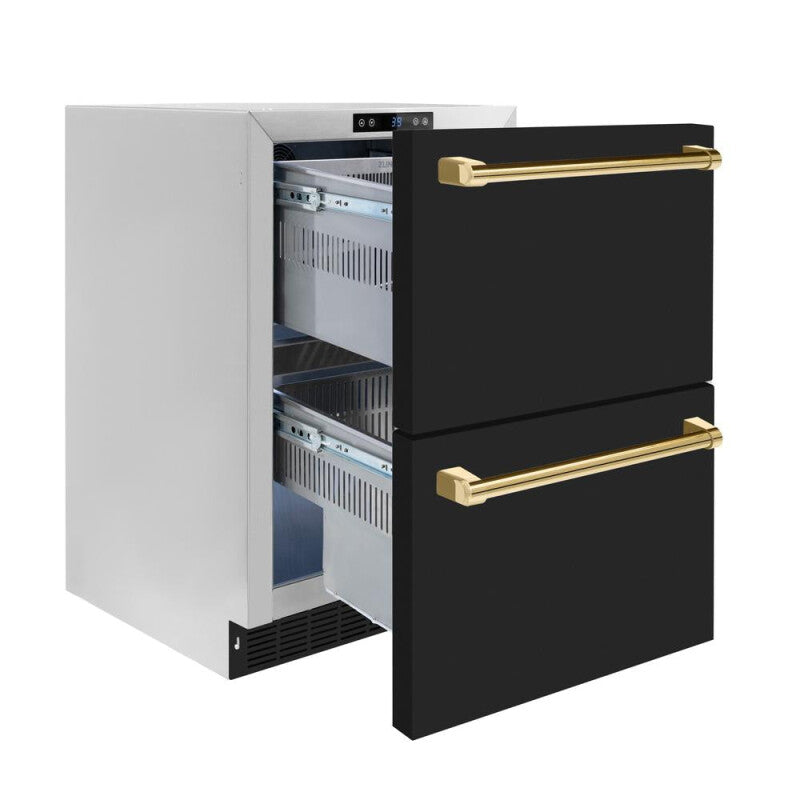 Autograph Edition 24 in. Touchstone 168 Can Outdoor-Rated Dual Refrigerator Drawer with Black Matte Doors and Polished Gold Handles - (RDSOZBLM24G) -