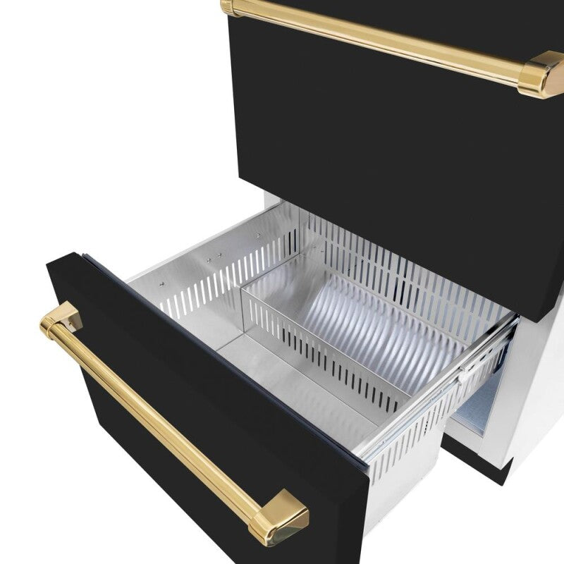 Autograph Edition 24 in. Touchstone 168 Can Outdoor-Rated Dual Refrigerator Drawer with Black Matte Doors and Polished Gold Handles - (RDSOZBLM24G) -