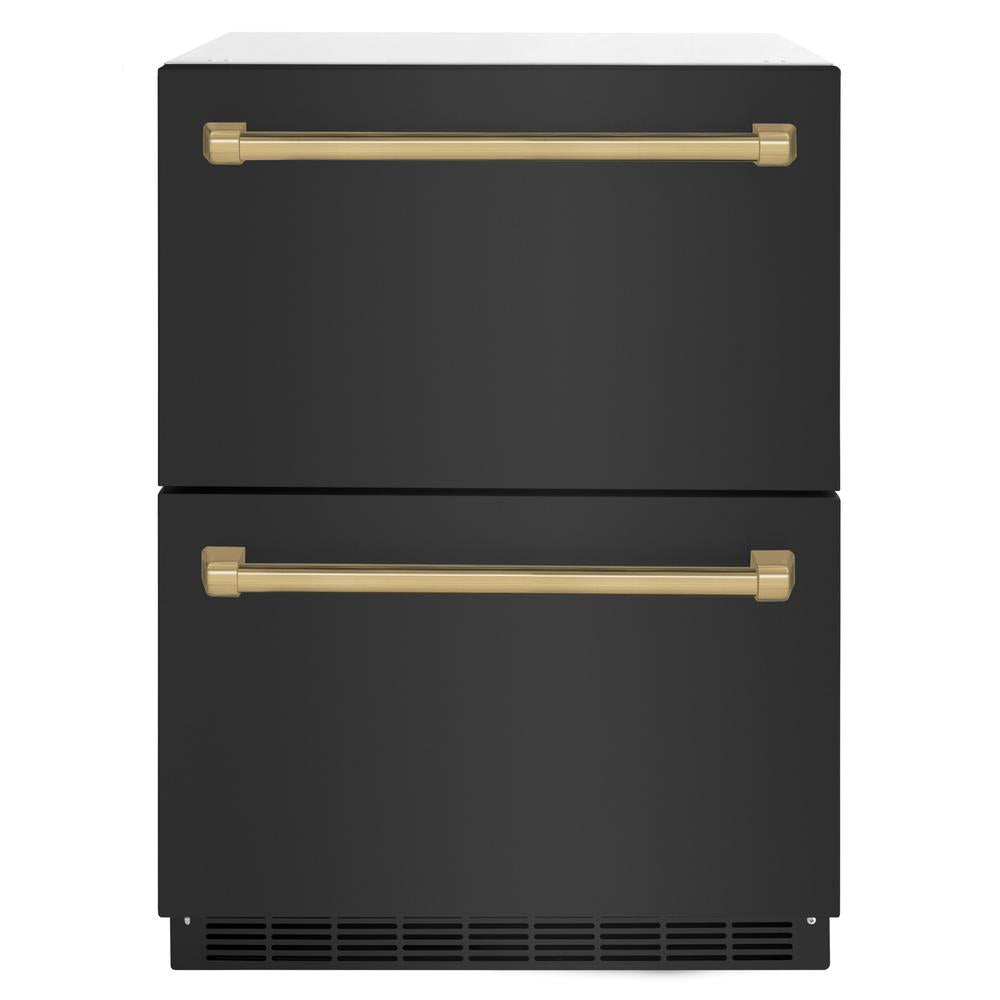 ZLINE Autograph Edition 24 in. Touchstone 168 Can Outdoor-Rated Dual Refrigerator Drawer with Black Stainless Steel Doors and Champagne Bronze Handles (RDSOZ-BS-24-CB) - (RDSOZBS24CB) -