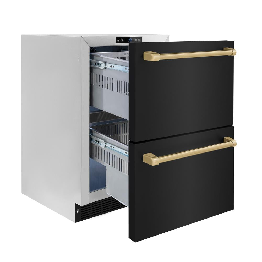 ZLINE Autograph Edition 24 in. Touchstone 168 Can Outdoor-Rated Dual Refrigerator Drawer with Black Stainless Steel Doors and Champagne Bronze Handles (RDSOZ-BS-24-CB) - (RDSOZBS24CB) -