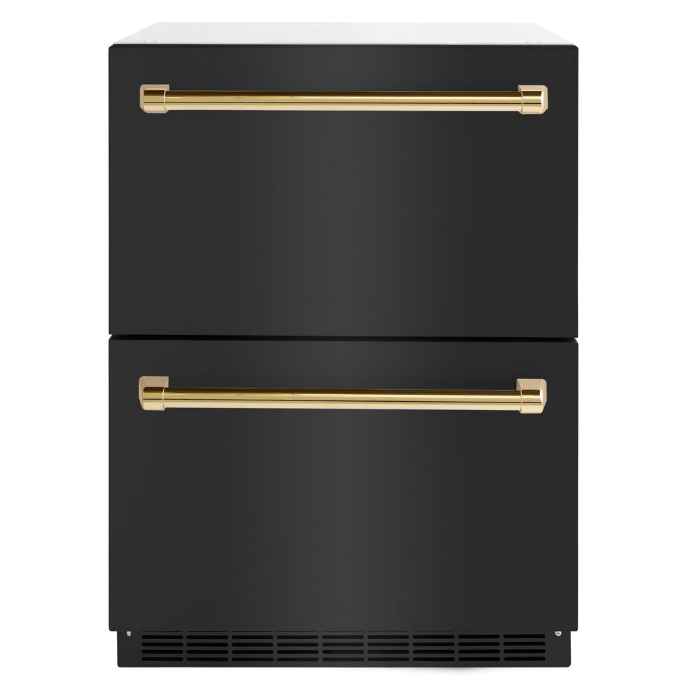 ZLINE Autograph Edition 24 in. Touchstone 168 Can Outdoor-Rated Dual Refrigerator Drawer with Black Stainless Steel Doors and Polished Gold Handles (RDSOZ-BS-24-G) - (RDSOZBS24G) -